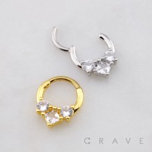 TRIPLE CZ PRINCESS CUT AND ROUND CUT 316L SURGICAL STEEL DAITH SEPTUM HINGED SEGMENT RING